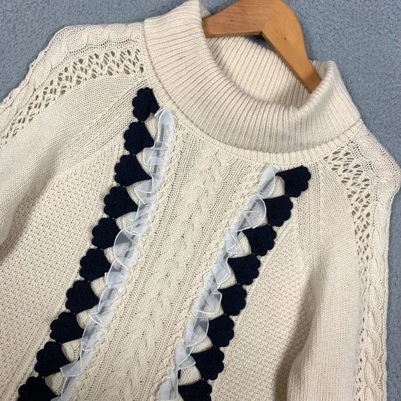 J.Crew Sweater Women Small Cream Cable Knit Ruffle Turtleneck Wool Blend NWT $89 - Picture 5 of 11